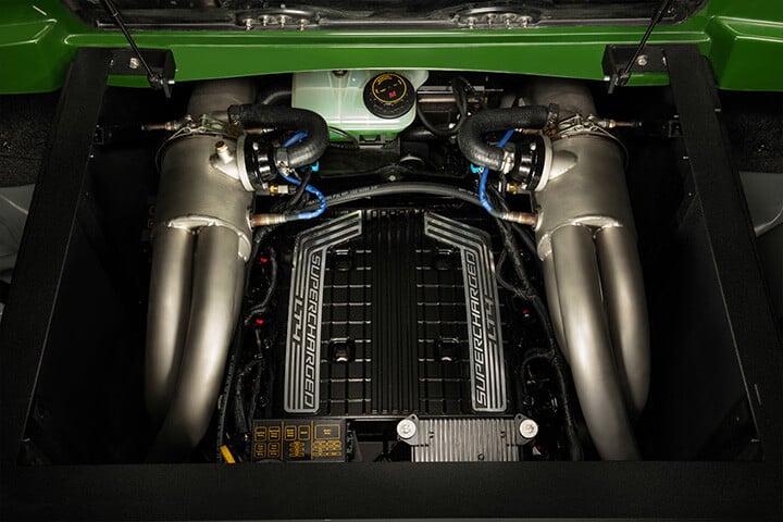 The 2025 Malibu LT4 Surpercharged Engine produced by Malibu Boats and GM Marine in a boat