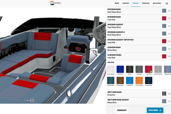 Interior colors being selected on the Malibu Boats Build a Boat Tool