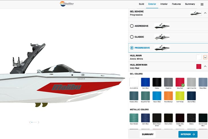 Selecting gel coat options for a 24 MXZ on the Malibu Boats Build a Boat Tool