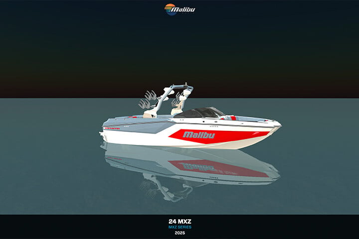 Custom boat 3D preview in the Malibu Boats Build a Boat Tool