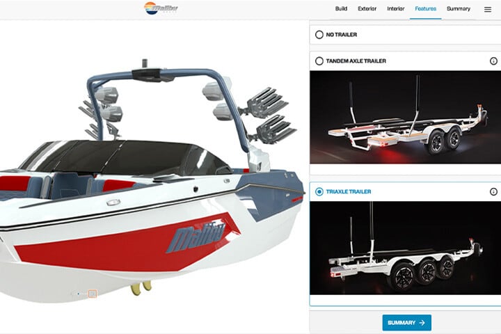 Trailer selection within the Malibu Boats Build a Boat Tool